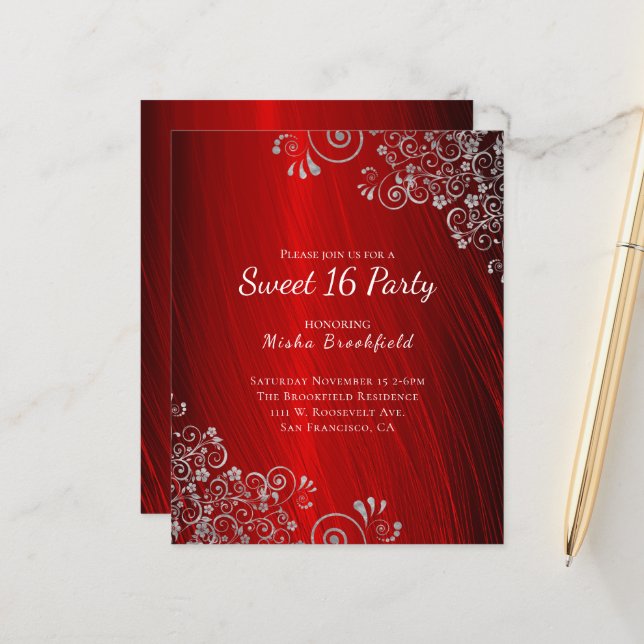 Papier Budget Sweet 16 Party Ruby Red Invitation (Devant/Arrière en situation)