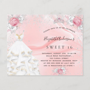Papier Budget Sweet 16 robe rose pâle invitation tiara