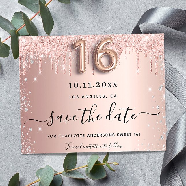 Papier Budget Sweet 16 rose or argent enregistrer la date (Créateur téléchargé)