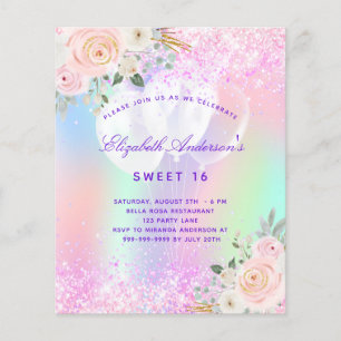Papier Budget Sweet 16 rose violet ballon fleuri