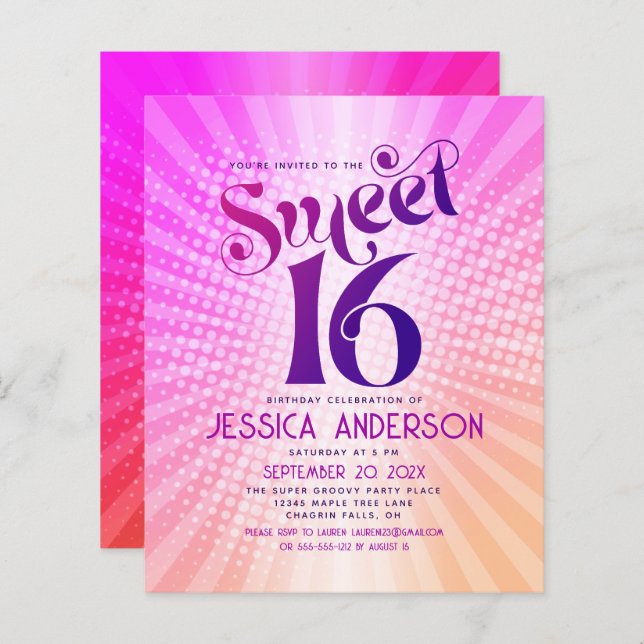 Papier Budget Sweet 16 Super rose orange Invitation (Devant / Derrière)