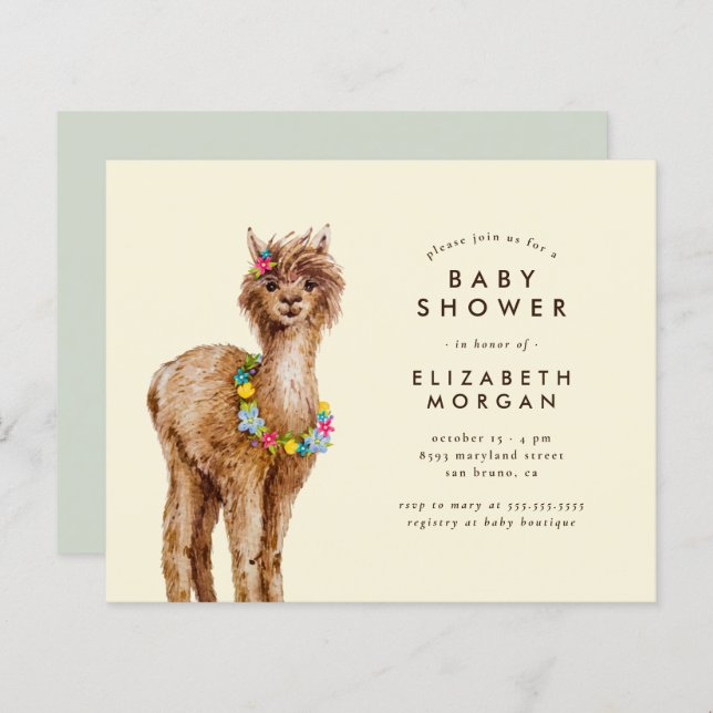Papier Budget Sweet Aquarelle Baby shower Alpaca (Devant / Derrière)