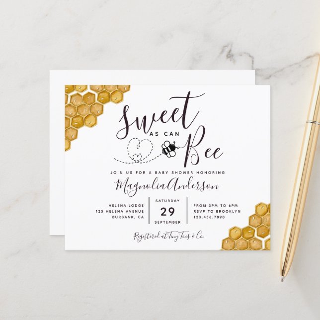 Papier Budget Sweet as Can Bee Baby shower Invitation (Devant/Arrière en situation)