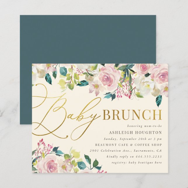 Papier Budget Sweet Floral Gold Script Bébé Brunch (Devant / Derrière)