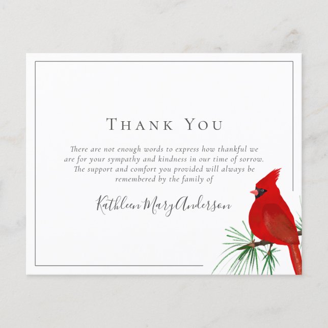 Papier BUDGET Sympathie Cardinal Funérailles Merci Note (Devant)