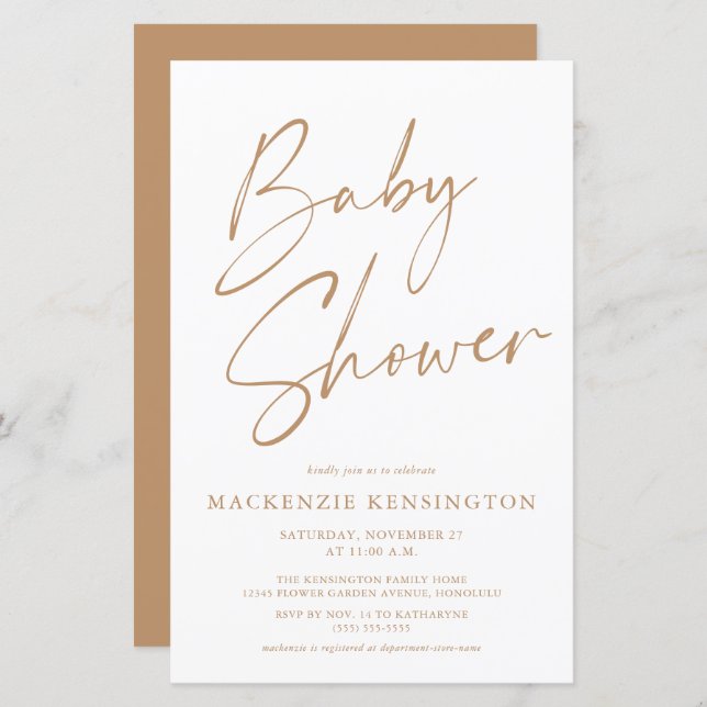 Papier Budget Tan Earth Tones Simple Script Baby shower (Devant / Derrière)