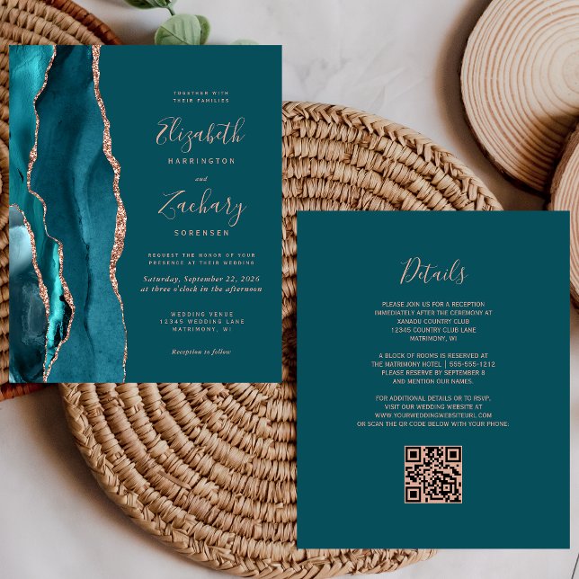 Papier Budget Teal Agate Rose Gold QR Code Wedding Invite (Créateur téléchargé)