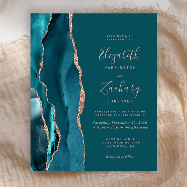 Papier Budget Teal Agate Rose Gold Wedding Invitation (Créateur téléchargé)