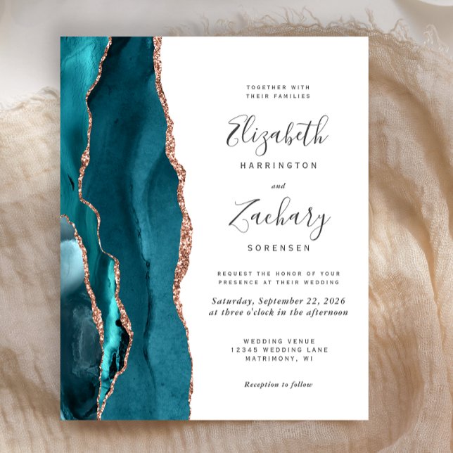 Papier Budget Teal Rose Gold Agate Wedding Invitation (Créateur téléchargé)
