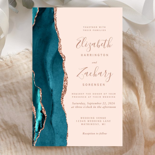 Papier Budget Teal Rose Gold Agate Wedding Invitation (Créateur téléchargé)