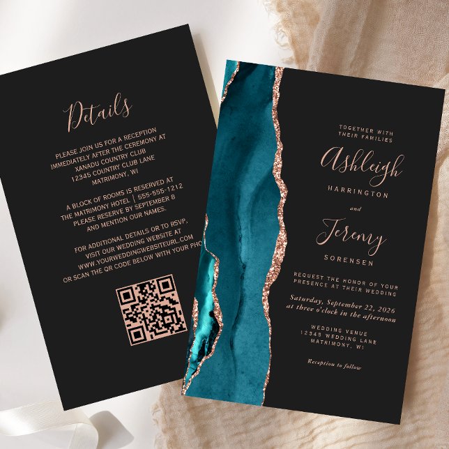 Papier Budget Teal Rose Gold Dark QR Code Wedding Invite (Créateur téléchargé)