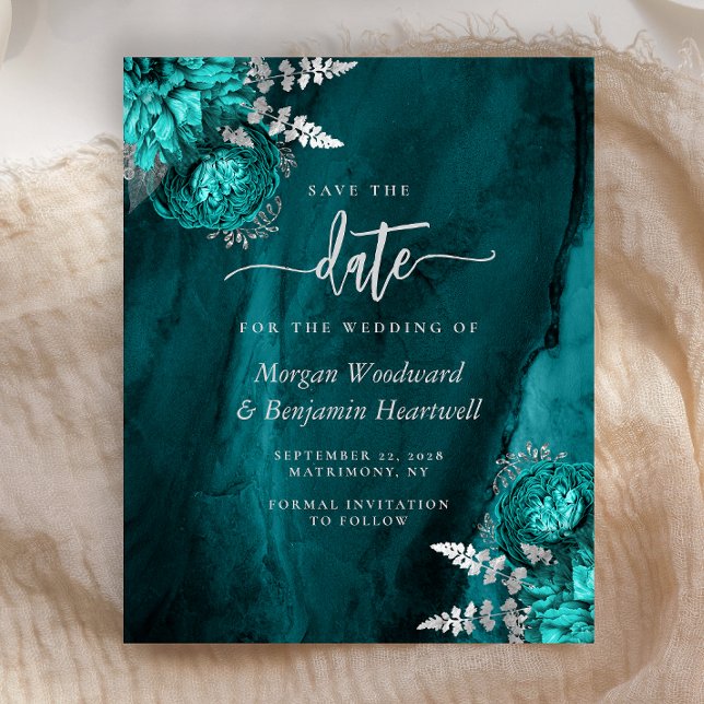 Papier Budget Teal Silver Floral Wedding Save the Date (Créateur téléchargé)