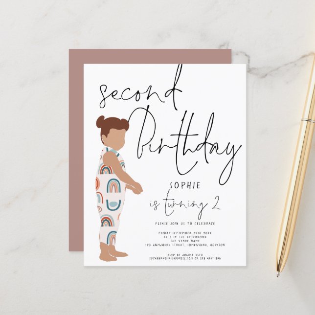 Papier Budget tendance Script Girl 2e anniversaire Invita (Devant/Arrière en situation)