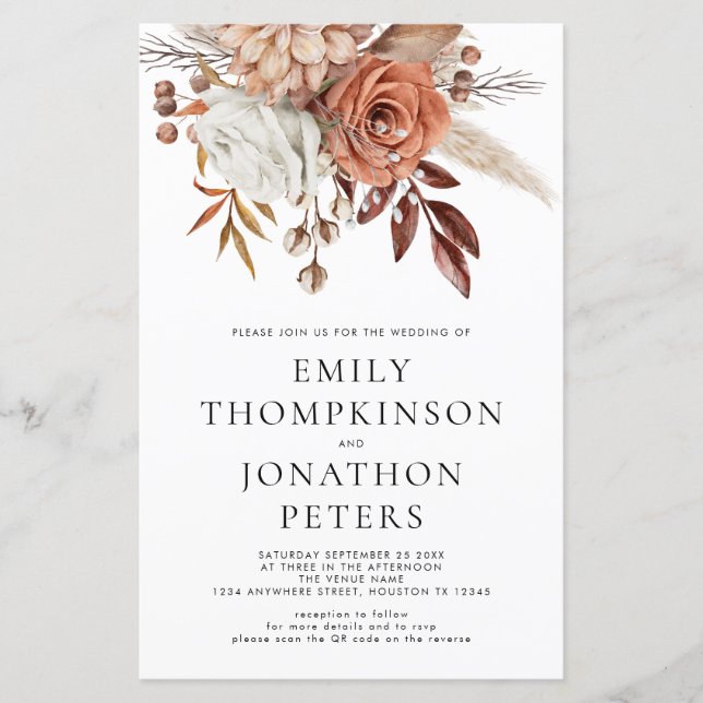 Papier Budget Terracotta Florals Code Mariage Invitation (Devant)