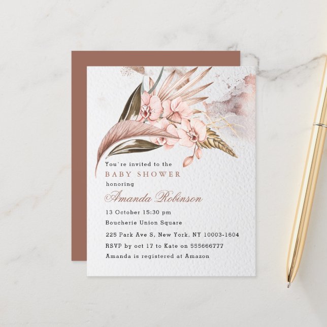 Papier Budget Terracotta Pampas Baby shower Invitation (Devant/Arrière en situation)