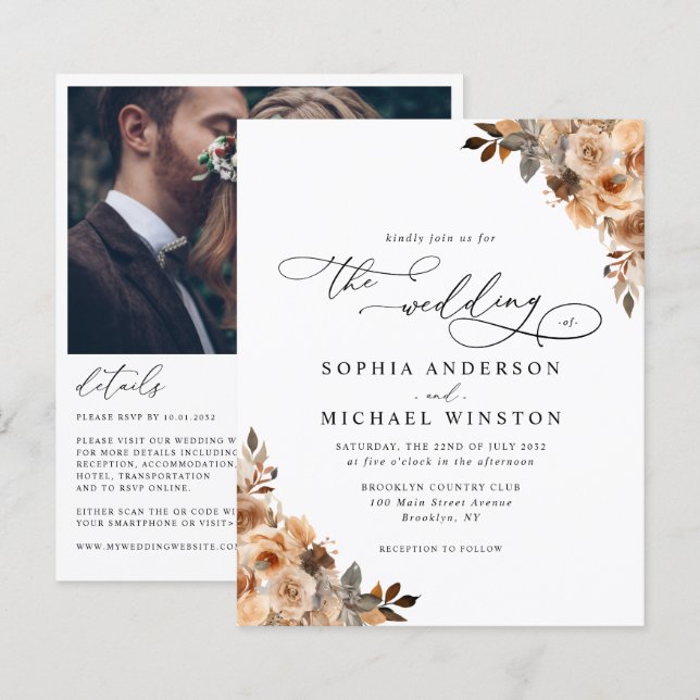 Papier Budget Terracotta Rose Floral Photo Wedding Invite (Devant / Derrière)