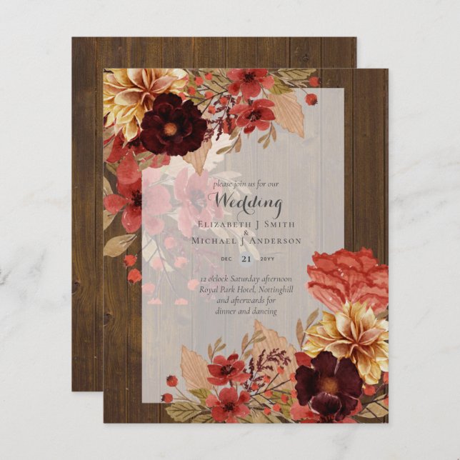 Papier BUDGET TOMBE Floral Mariages Invitations - Dusky (Devant / Derrière)