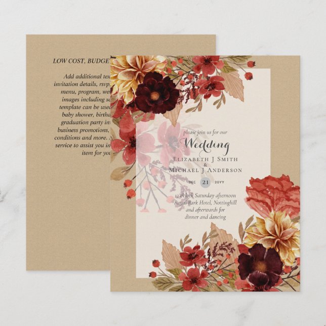 Papier BUDGET TOMBE Floral Mariages Invitations - Dusky (Devant / Derrière)