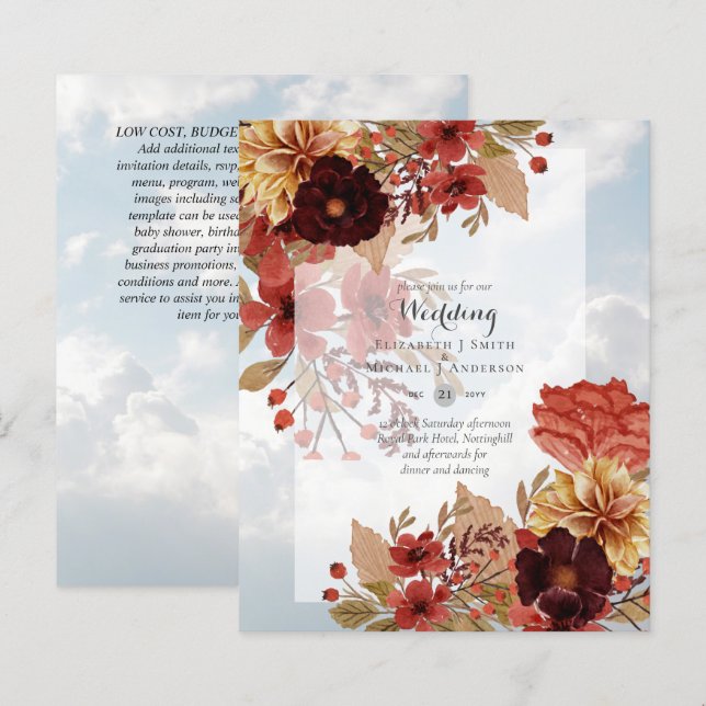 Papier BUDGET TOMBE Floral Mariages Invitations - Dusky (Devant / Derrière)