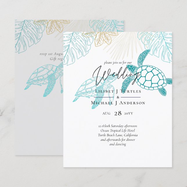 Papier BUDGET Tortues de mer Mariage Moderne Line Art (Devant / Derrière)