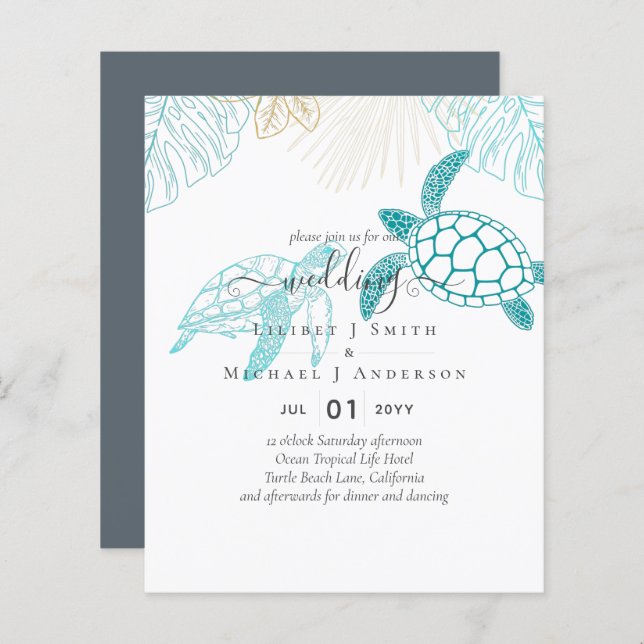 Papier BUDGET Tortues de mer Mariage Moderne Line Art (Devant / Derrière)