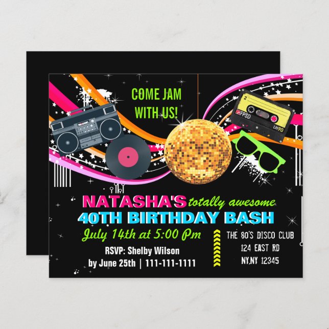 Papier Budget Totalement 80's Retro Anniversaire Invitati (Devant / Derrière)