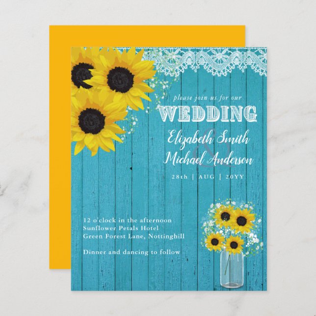 Papier BUDGET Tournesol rustique Turquoise Mariage jaune  (Devant / Derrière)
