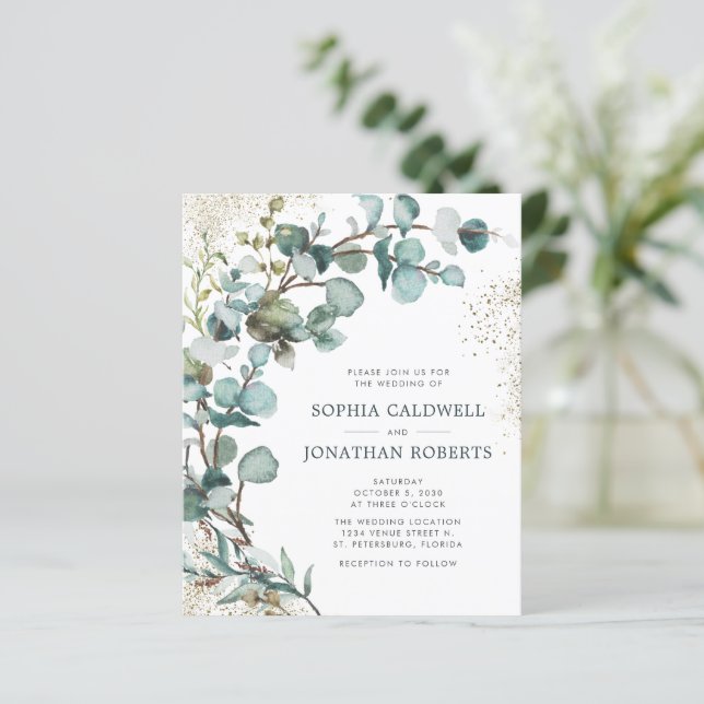 Papier Budget tout en un Eucalyptus Gold Mariage Invitati (Debout devant)