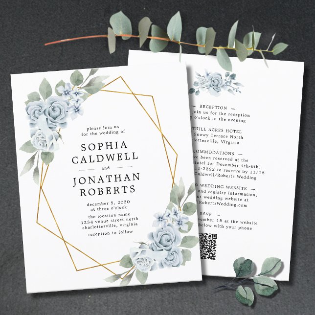 Papier Budget tout en un Faire-part de mariage floral ble (Budget Wedding Invitation Double Sided All in One QR Code Blue Floral Geometric Frame)