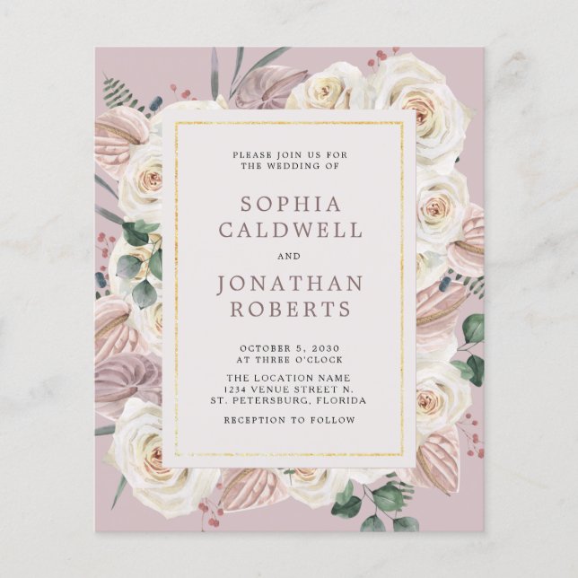 Papier Budget tout en un Faire-part de mariage Roses blan (Devant)