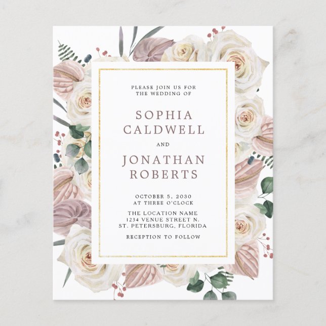 Papier Budget tout en un Faire-part de mariage Roses blan (Devant)