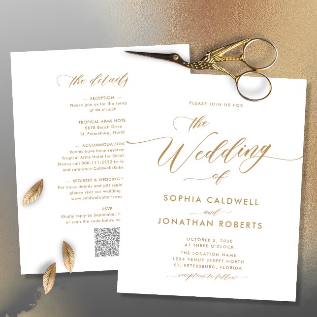 Papier Budget Tout en un or Calligraphie Mariage Invitati (Budget All in One Gold Calligraphy Wedding Invite-Original)