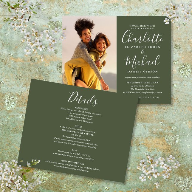 Papier Budget Tout en un Photo Olive Green Wedding Invita (Budget All In One Photo Olive Green Wedding Invite)