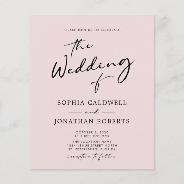 Papier Budget tout en une calligraphie Blush Mariage Invi (Devant)