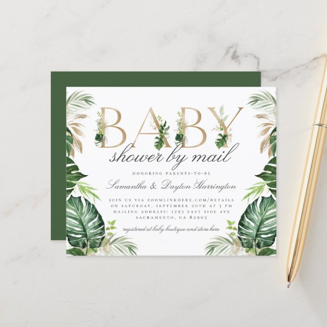 Papier Budget Tropical Green Baby shower Or par la poste (Devant/Arrière en situation)