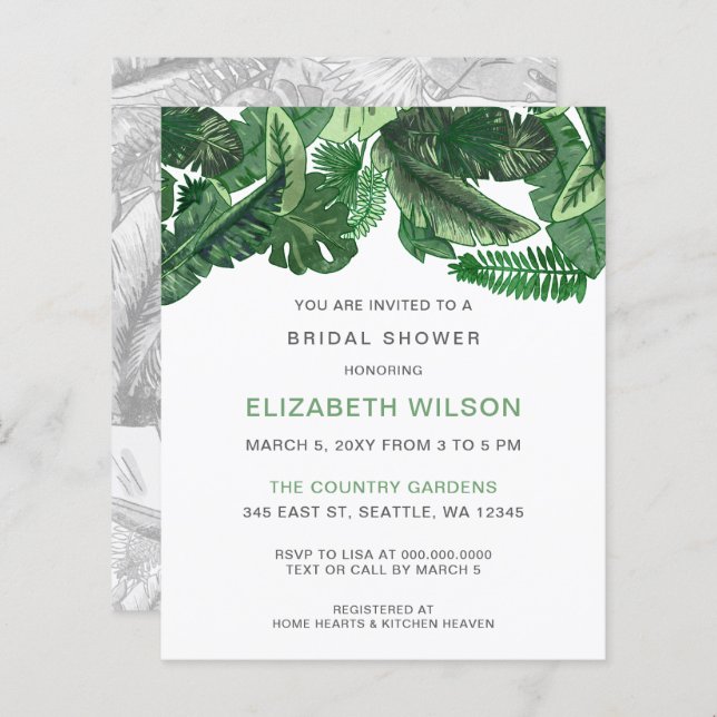 Papier Budget Tropical Green Invitation à la douche nupti (Devant / Derrière)