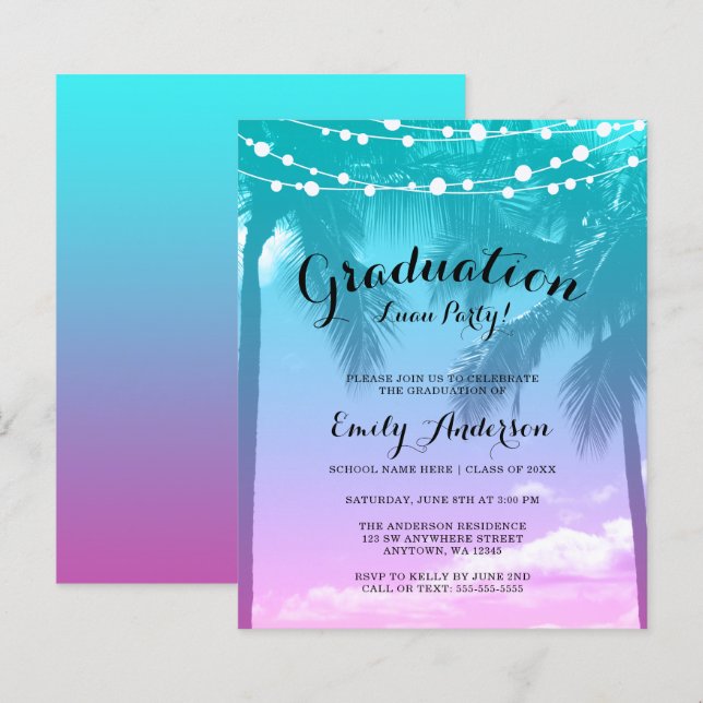 Papier Budget Tropical Luau Turquoise Pink Graduation Par (Devant / Derrière)
