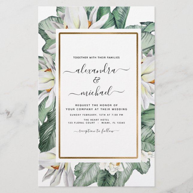 Papier Budget Tropical Magnolia Palm Faire-part de mariag (Devant)