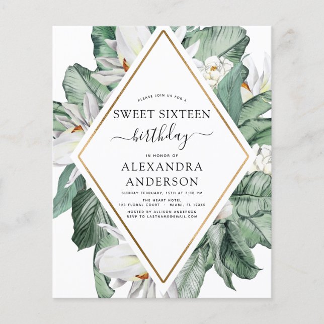 Papier Budget tropical Magnolia Sweet 16 Invitation (Devant)
