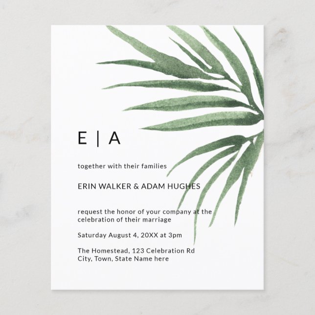 Papier Budget Tropical Palm Leaf Minimal Mariage Invitati (Devant)