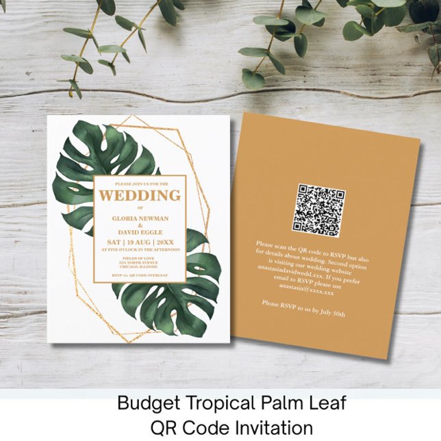 Papier Budget Tropical Palm Leaf QR Code  Invitation (Créateur téléchargé)