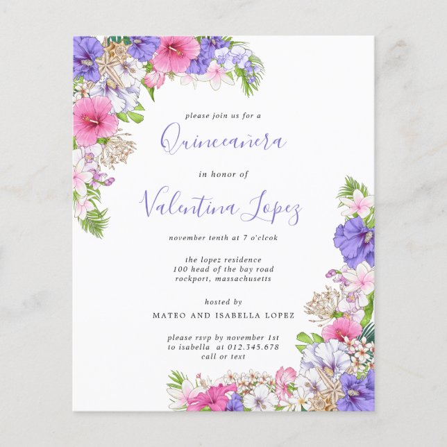 Papier Budget Tropical Pink Purple Quinceanera Invitation (Devant)