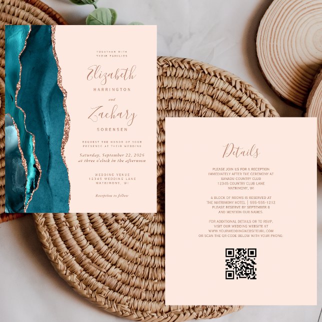 Papier Budget Turquoise Agate Rose Gold Blush QR Code Mar (Créateur téléchargé)