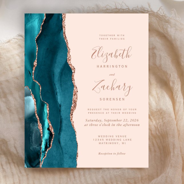Papier Budget Turquoise Agate Rose Gold Blush Wedding Inv (Créateur téléchargé)