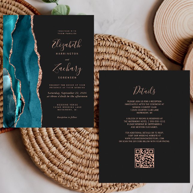 Papier Budget Turquoise Agate Rose Gold QR Code Mariage I (Créateur téléchargé)