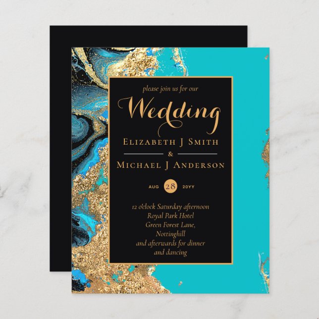 Papier BUDGET Turquoise Aqua Gold Agate Mariage Invitatio (Devant / Derrière)