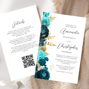 Papier Budget Turquoise Aqua Gold Floral QR Code Mariage