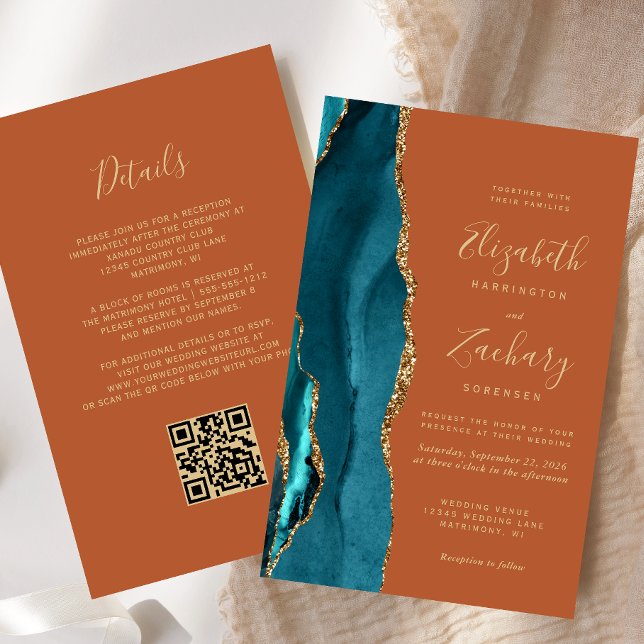 Papier Budget Turquoise bleu Agate rouille QR Code Mariag (Créateur téléchargé)