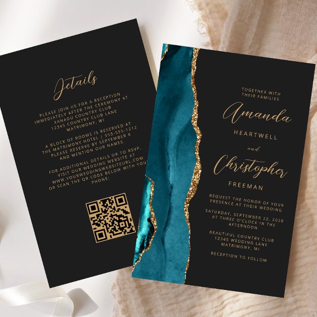Papier Budget Turquoise Blue Gold Agate Dark QR Code Mari (Créateur téléchargé)