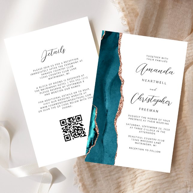 Papier Budget Turquoise Blue Rose Gold Agate QR Code Mari (Créateur téléchargé)